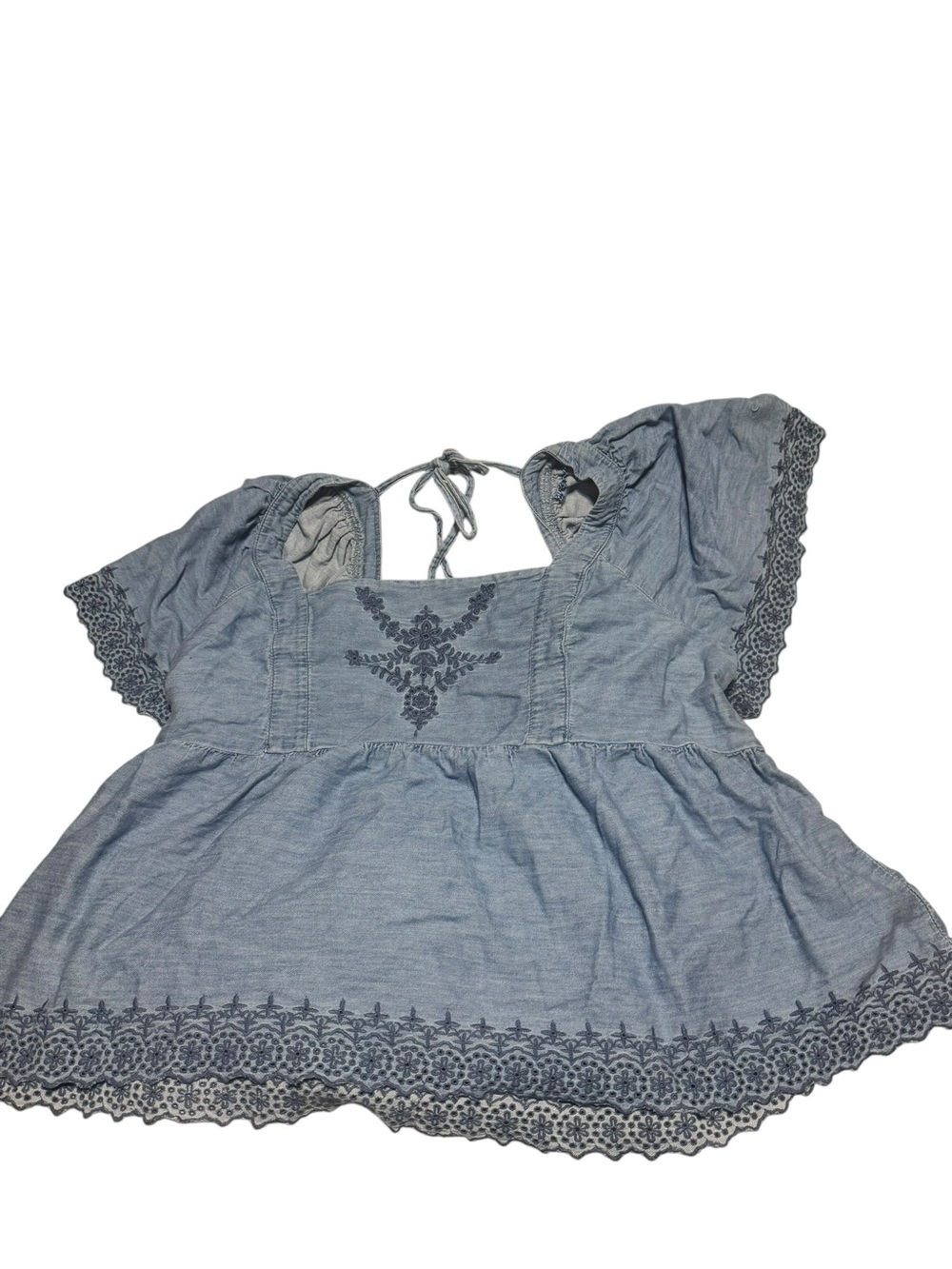 Old Navy Chambray Blue Embroidered Peasant Top
